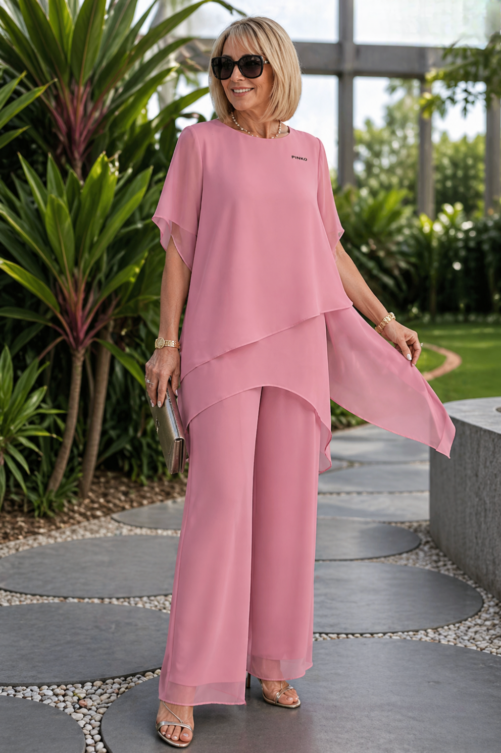 Completo Elegante Donna in Chiffon Fluido – Outfit Cerimonia Chic con Pantalone Ampio