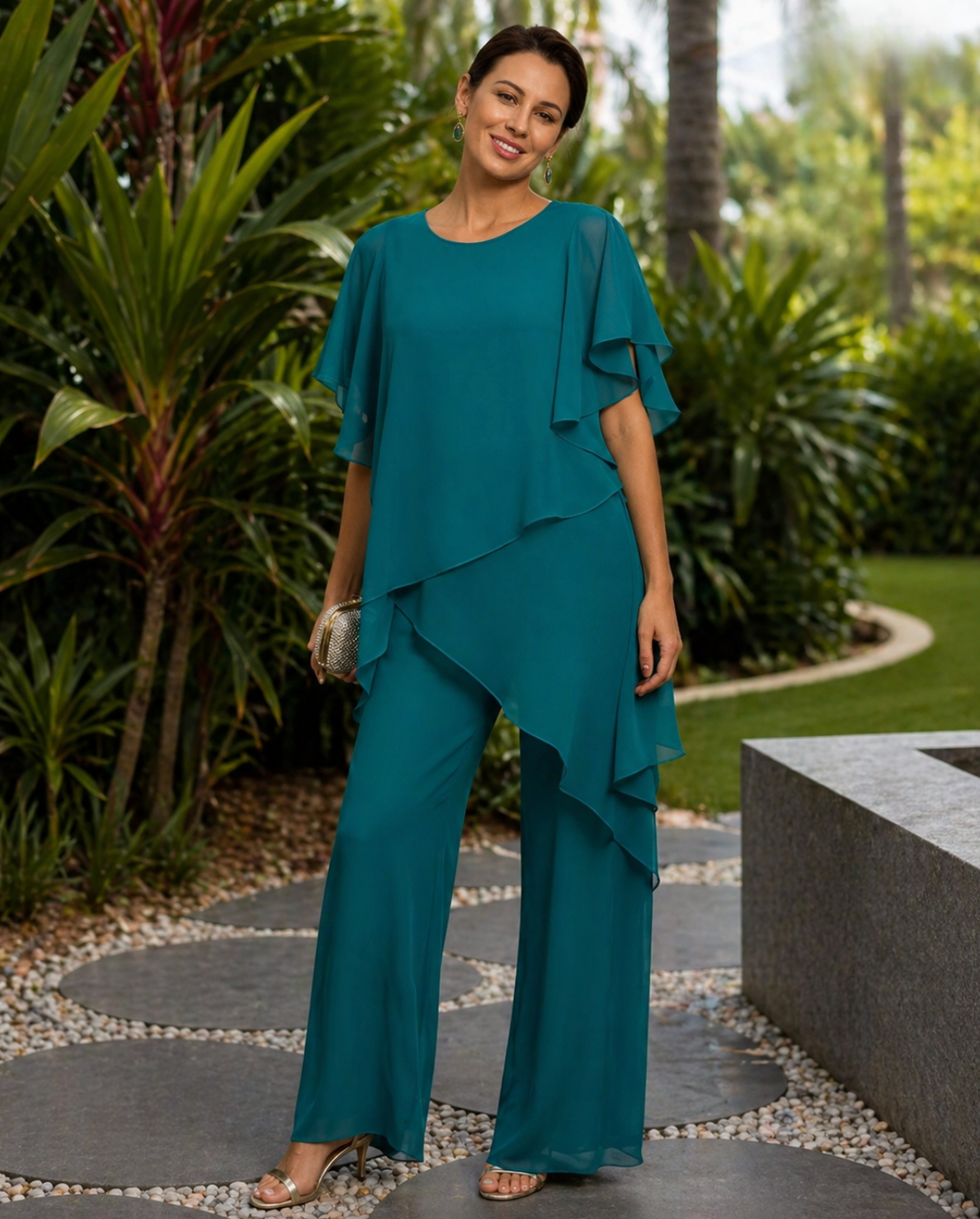 Completo Elegante Donna in Chiffon Fluido – Outfit Cerimonia Chic con Pantalone Ampio